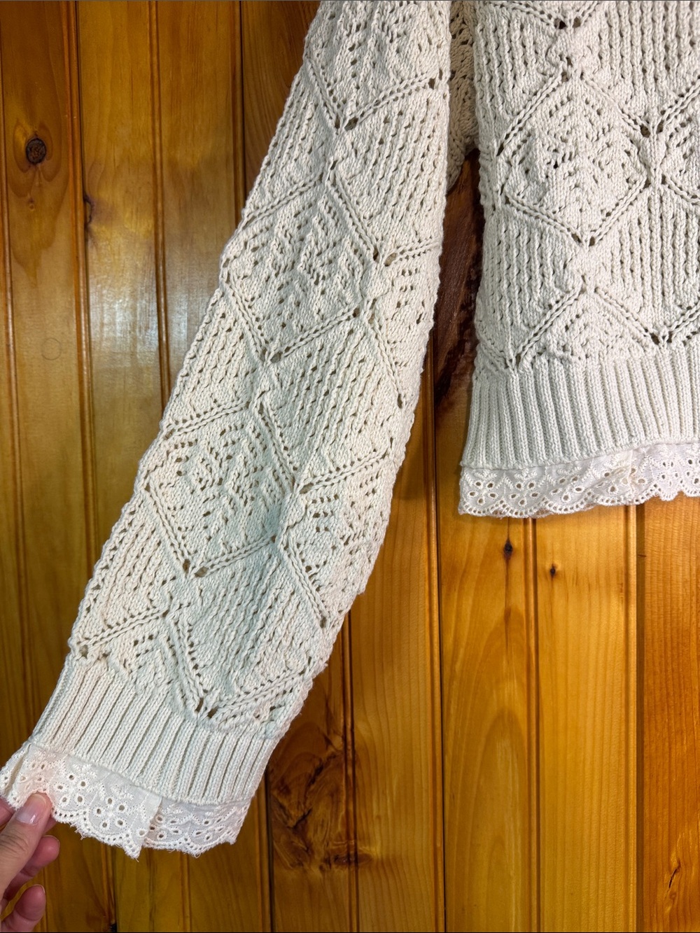 Zara Ivory Openwork Knit Sweater with Lace Hem Trim - Picture 6 of 11